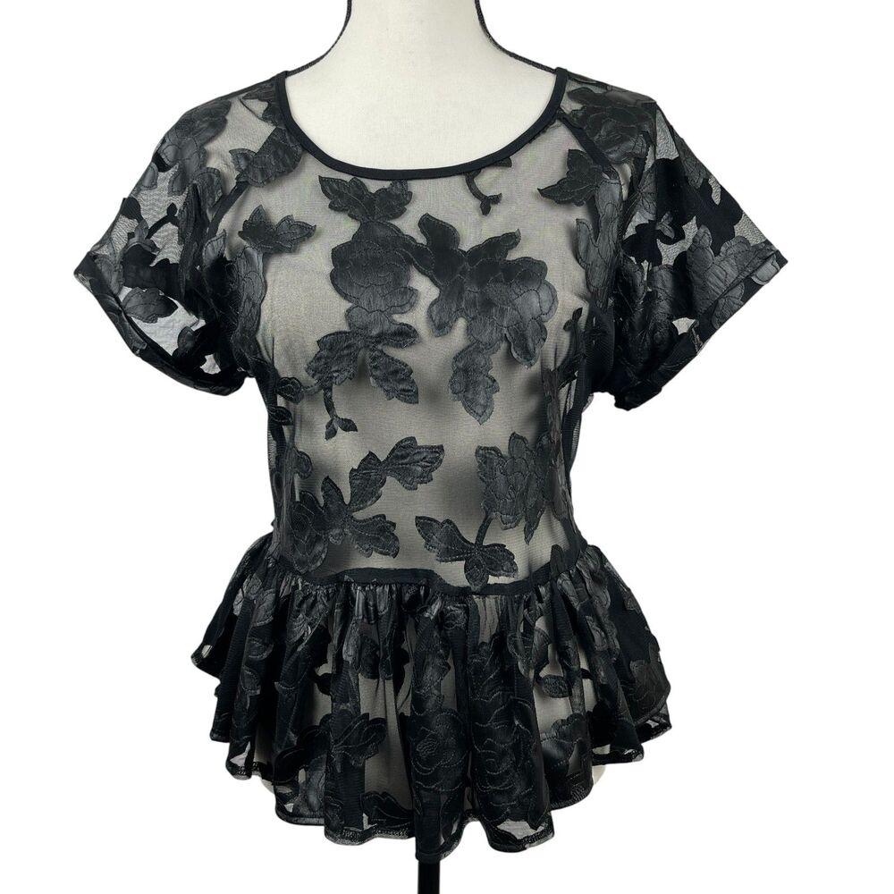 Gracia Women’s Peplum Top Large Black Sheer Floral Short Sleeve Mesh Blouse